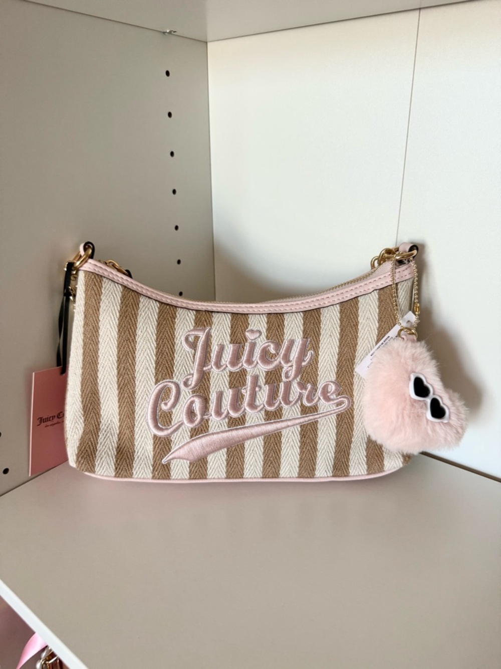 Juicy Couture “Free To Be Juicy” Beige and Pink Striped Shoulder Bag with Charm